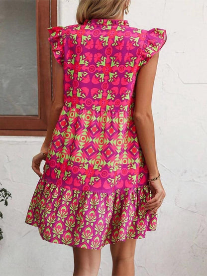 LAURIEN | Fuchsia Boho Zomerjurk – Kleurrijke Printjurk met Ruches
